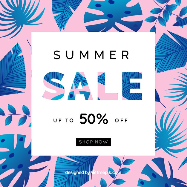 Summer sale background with blue leaves