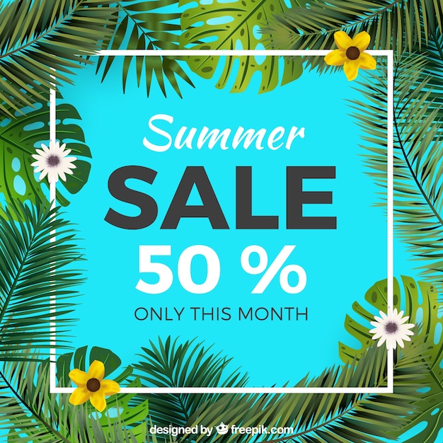 Vettore gratuito sfondo di vendita estate con foglie di palma e fiori