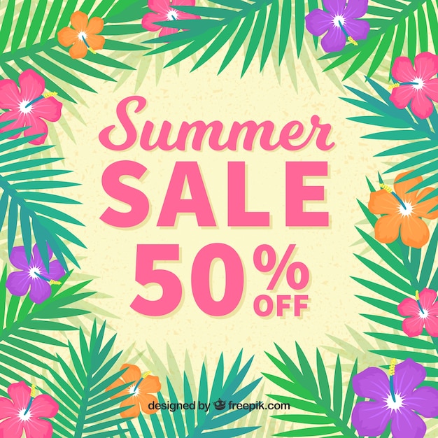 Summer sale background with palm leaves and flowers