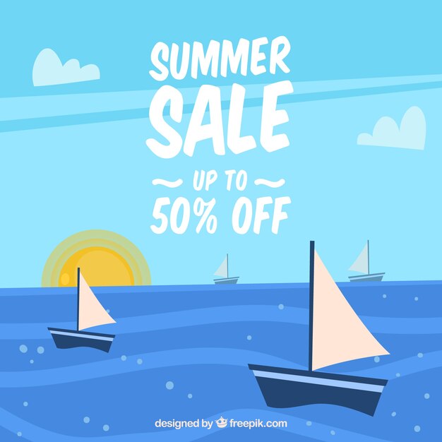 Summer sale background with sailboats in flat style