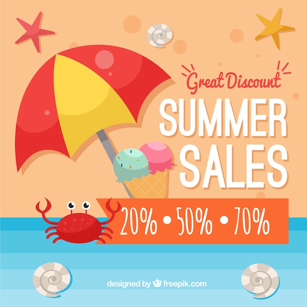 Summer sale background with umbrella and crab