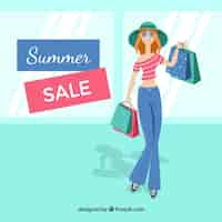 Free vector summer sale background with woman shopping