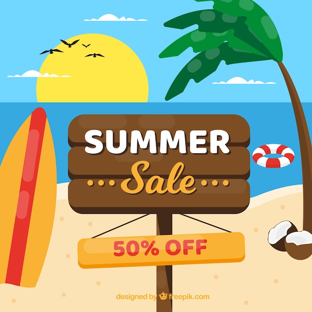 Summer sale background with wooden sign at beach