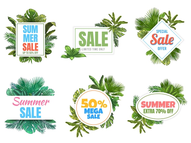 Summer sale badges. abstract sale poster with tropical leaves, floral frame label and summer offer badge set.
