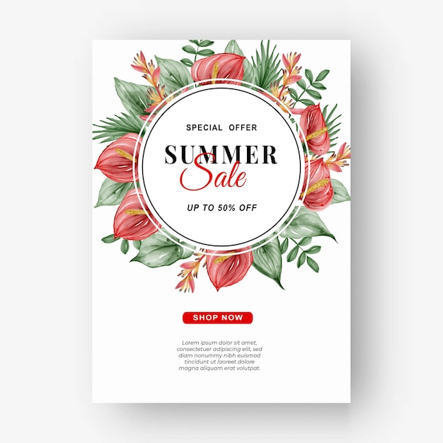 Summer sale banner flyer with greenery tropical leaf and anthurium watercolor