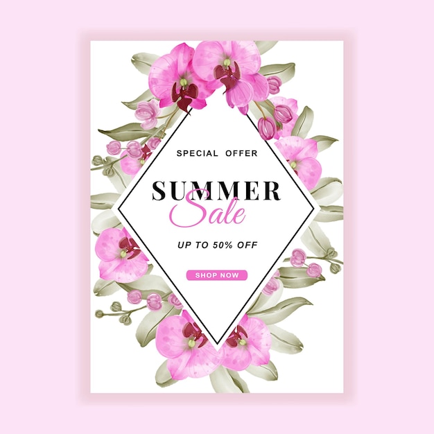 Free vector summer sale banner flyer with orchid pink watercolor