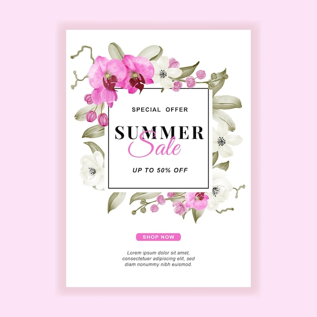 Summer sale banner flyer with orchid pink watercolor