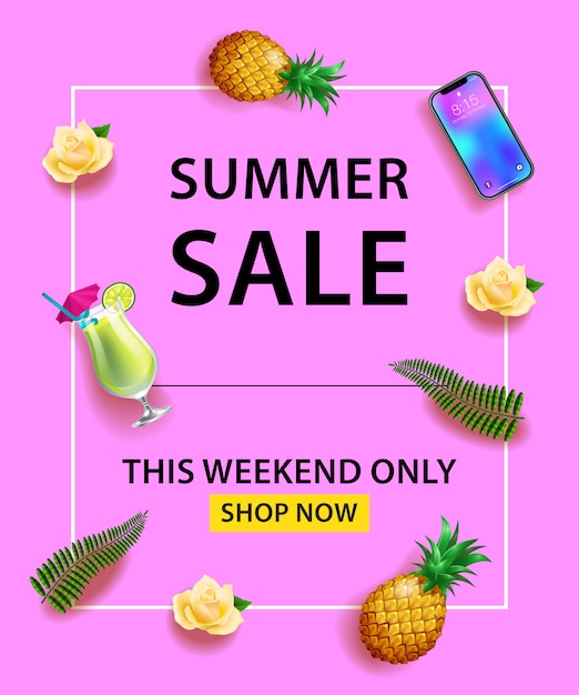 Free vector summer sale banner. smartphone, cocktail, pineapple, roses, palm leaves