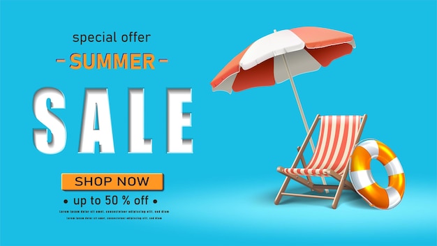 Summer sale banner template horizontal orientation with sunbed and umbrella on blue background