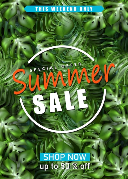 Free vector summer sale banner template with exotic palm leaves