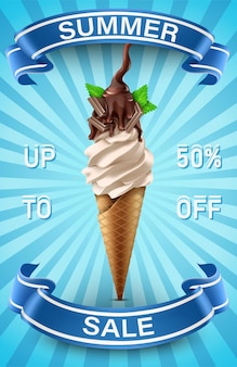 Summer sale banner template with ice cream and blue ribbons Premium Vector