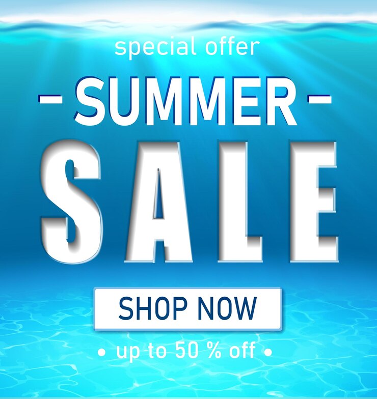 Free Vector summer sale banner with big white  typography letters 3d realistic ocean underwater