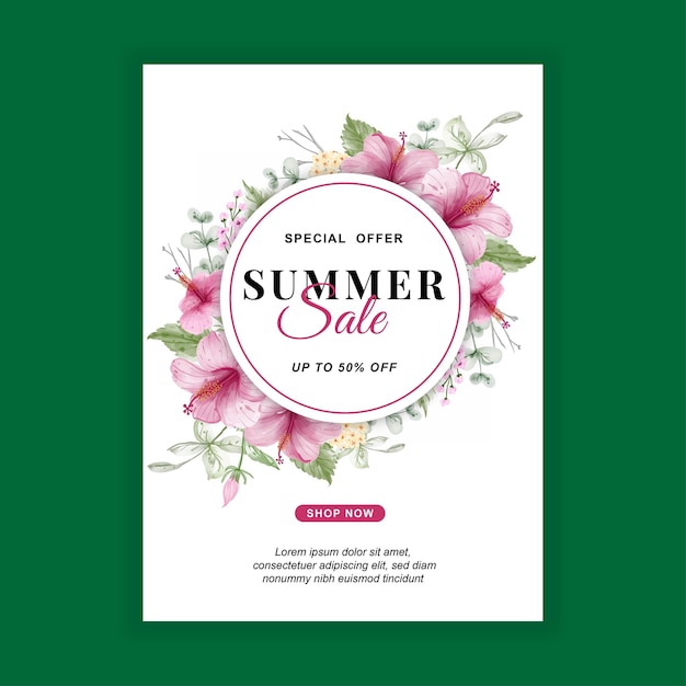 Summer sale banner with flower hibiscus watercolor