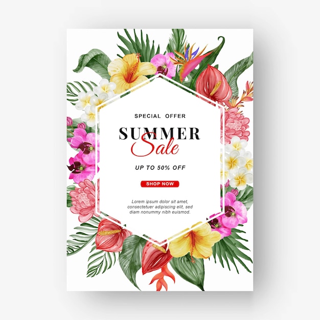 Summer sale banner with greenery tropical leaf and flower watercolor