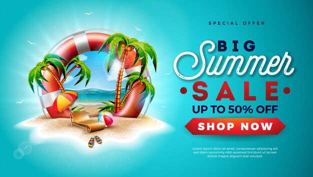 Summer Sale banner with Lifebelt and Exotic Palm Trees