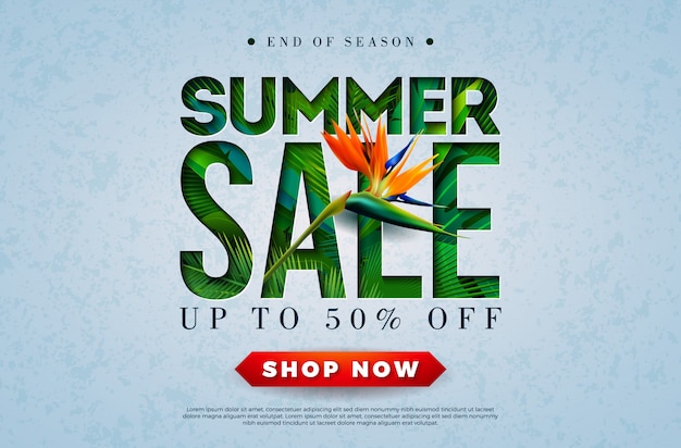 Free vector summer sale banner with parrot flower and tropical palm leaves