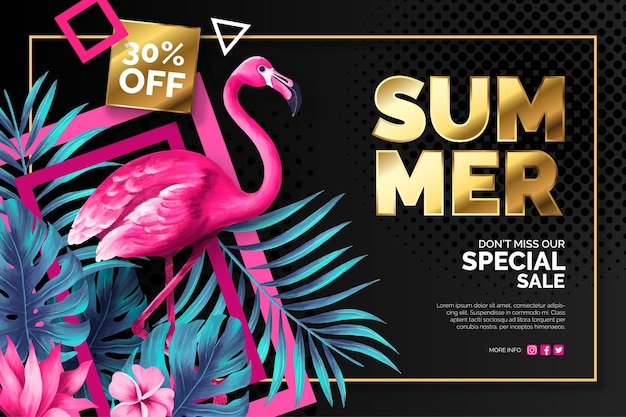 Summer sale banner with pink flamingo and tropical leaves