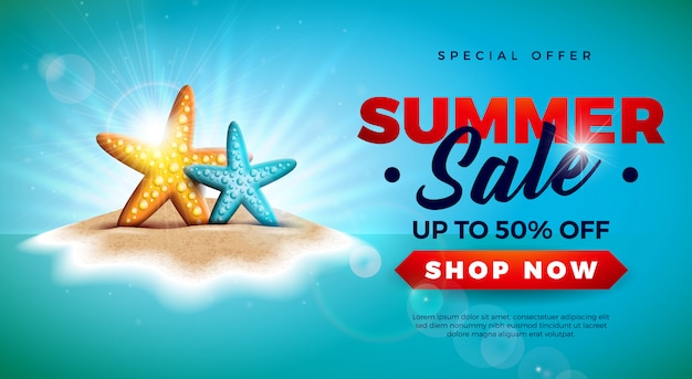Бесплатное векторное изображение Летняя распродажа баннер с морскими звездами на тропическом острове