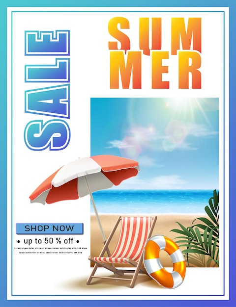 summer sale banner with sunbed and umbrella on the beach