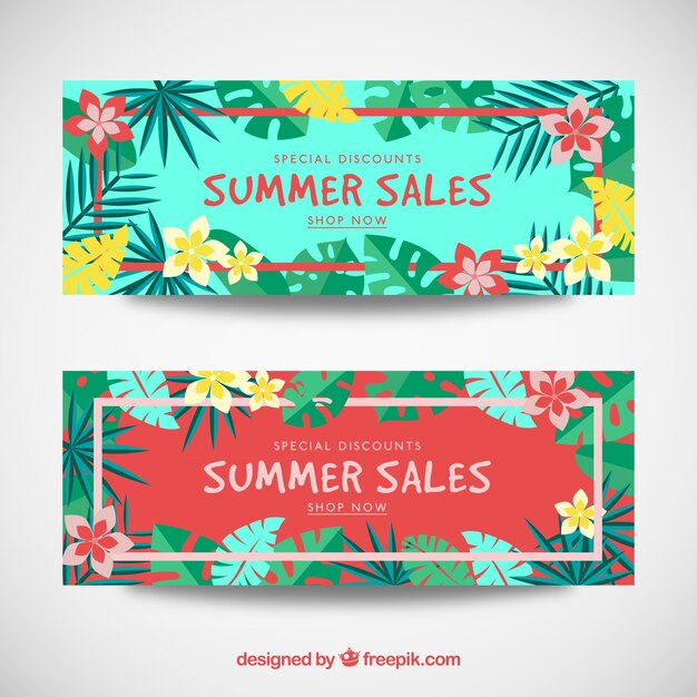 Free vector summer sale banners with tropical leaves