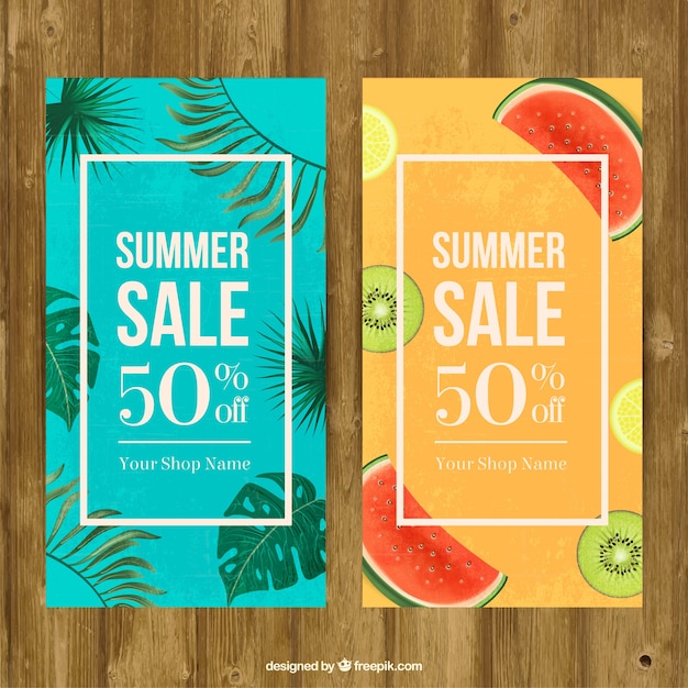 Summer sale banners with watercolor palm leaves and fruits