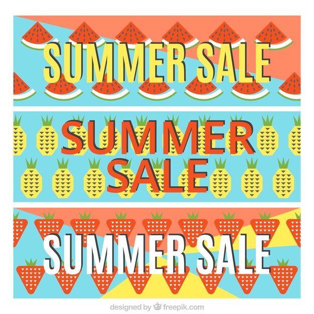 Summer sale banners with watermelon and pineapples