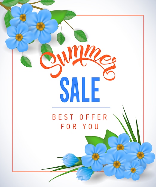 Summer sale best offer for you lettering. shopping inscription with small flowers in frame