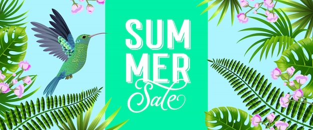 Летняя распродажа яркий баннер с тропическими листьями, лиловые цветы и колибри