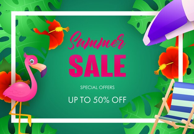 Summer sale bright poster design. Tropical plants