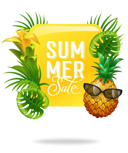 Летняя распродажа яркий плакат с пальмовыми листьями, цветок и ананас в солнцезащитных очках.