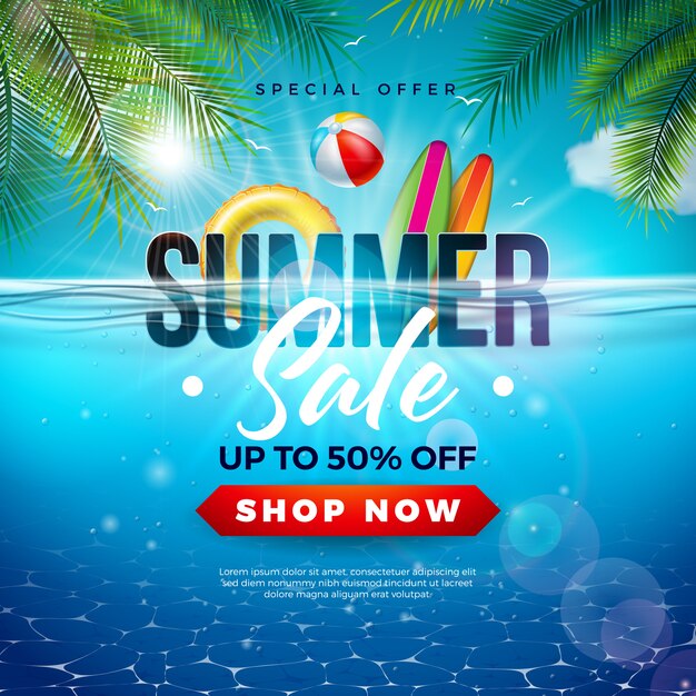 Summer Sale Design with Beach Ball and Exotic Palm Leaves on Blue Ocean Background