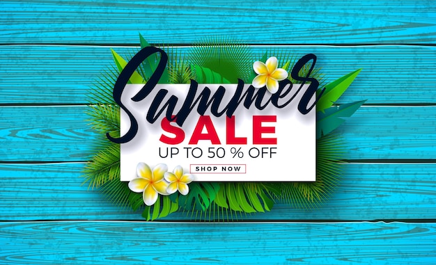 Summer sale design with flower and exotic leaves tropical floral special offer for coupon voucher