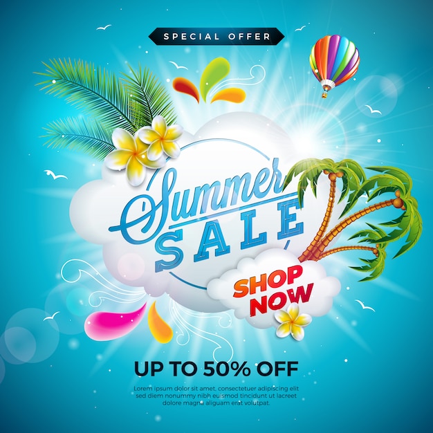 Summer Sale Design with Flower and Exotic Palm Leaves on Blue Background