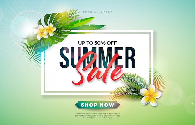 Summer Sale Design with Flower and Exotic Palm Leaves on Green Background