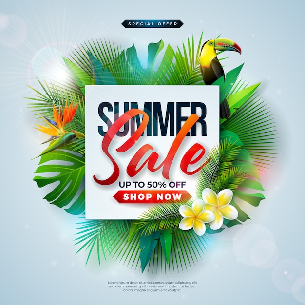 Summer sale design with flower and exotic palm leaves