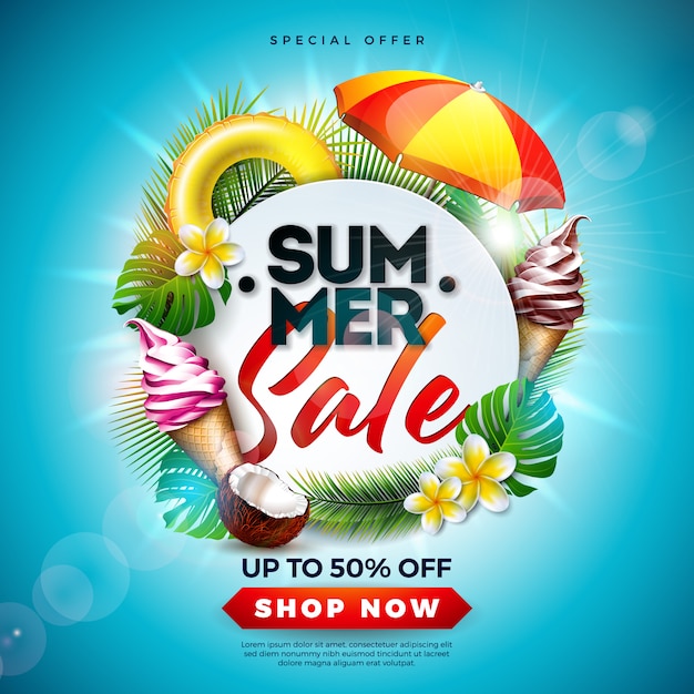 Vettore gratuito summer sale design con fiore e foglie di palma tropicali