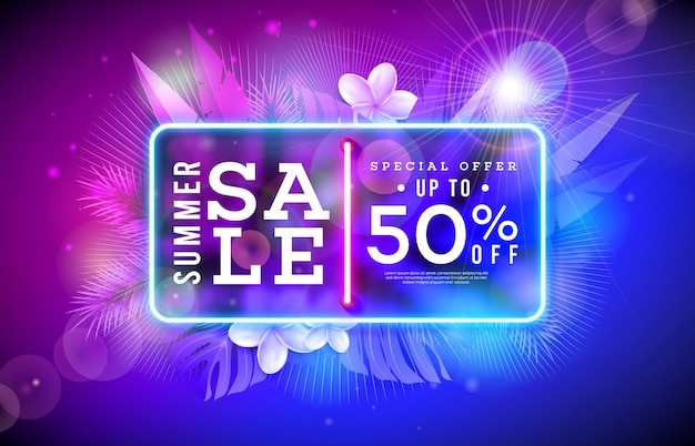 Summer Sale Design with Glowing Neon Light on Fluorescent Tropic Leaves and Flower Background