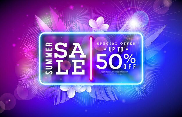 Summer Sale Design with Glowing Neon Light on Fluorescent Tropic Leaves and Flower Background