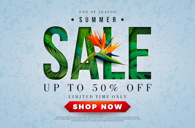 Summer Sale Design with Parrot Flower and Tropical Palm Leaves