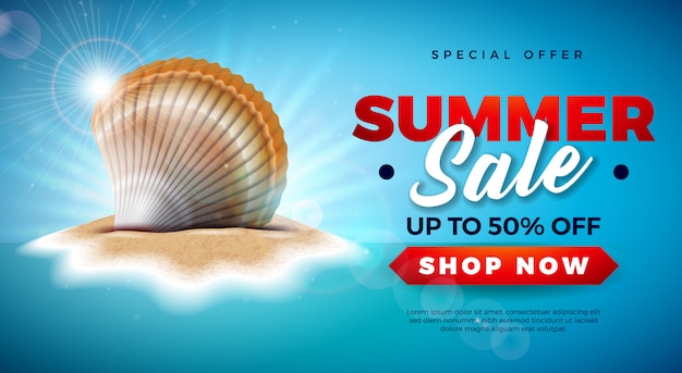 Summer sale design with shell on tropical island background