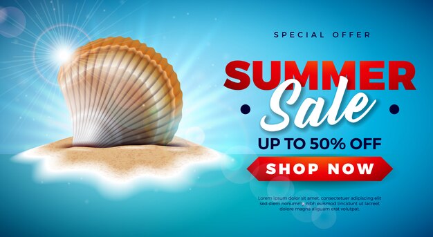 Summer Sale Design with Shell on Tropical Island Background