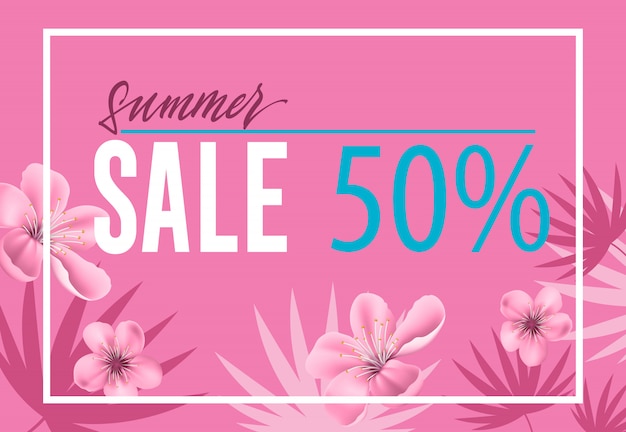Летняя распродажа, пятидесятипроцентная брошюра с цветами и листьями на розовом фоне.