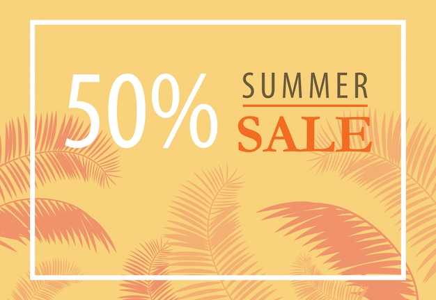 Opuscolo del cinquanta per cento di vendita di estate con le siluette di foglia di palma su fondo giallo.