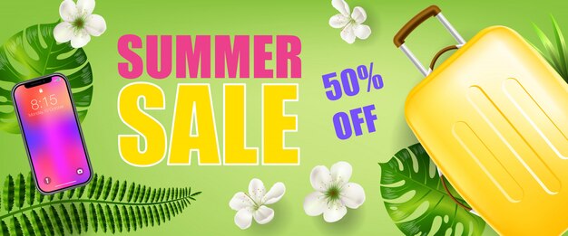 Summer sale fifty percent off green banner with tropical leaves, smartphone and travel case