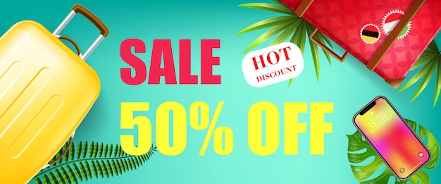 Summer sale, fifty percent off, hot discount banner with tropical leaves, smartphone