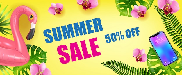 Summer sale, fifty percent off seasonal banner with palm leaves, smartphone and inflatable