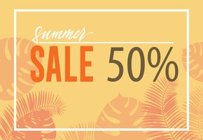 Free vector summer sale, fifty percent poster with tropical leaf silhouettes on yellow background.
