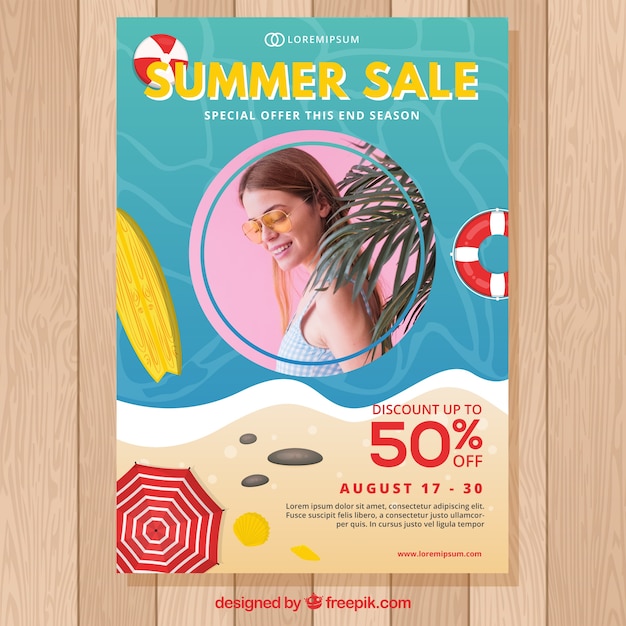 Summer sale flyer template with photo and beach design