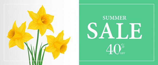 Summer sale, forty percent off banner template with yellow daffodils on green background.