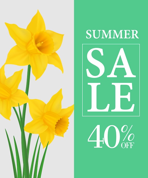 Free vector summer sale forty percent off poster template with yellow daffodils